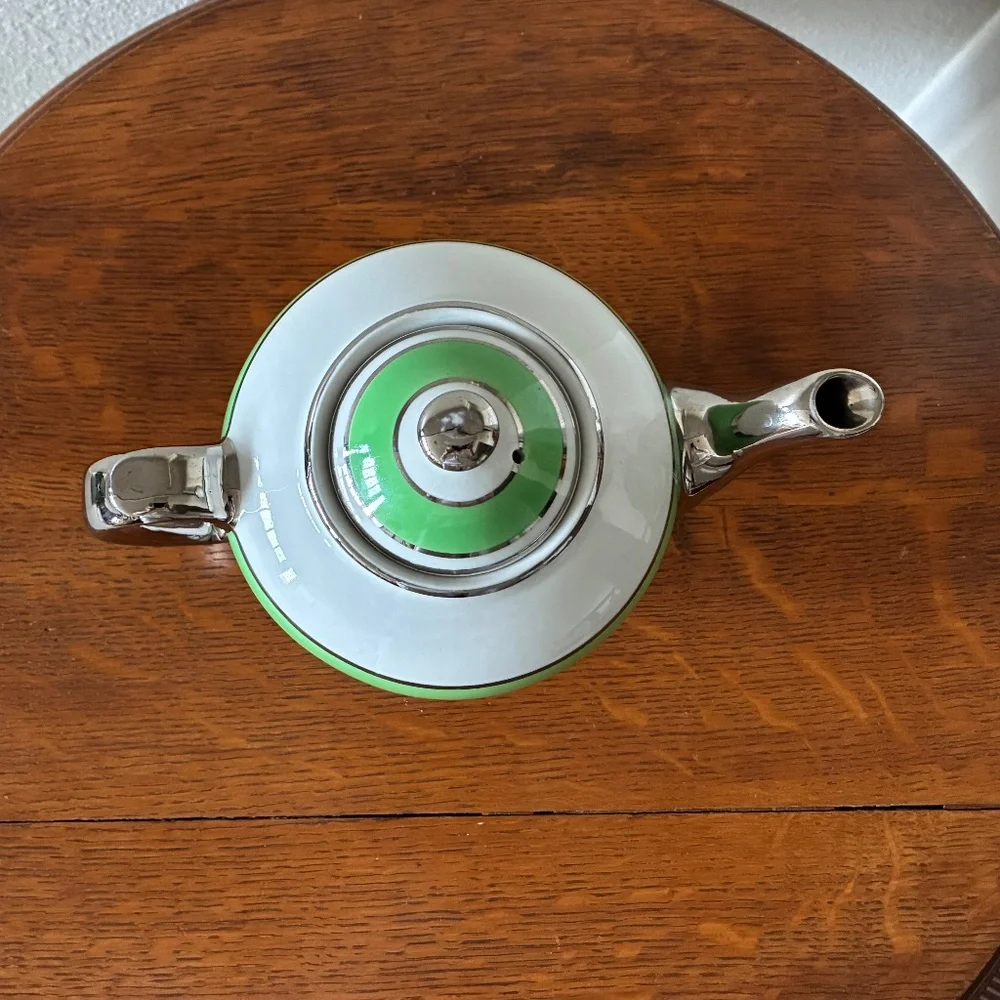 1940s McCormick & Co “Banquet Teas” Balto Teapot with Infuser Green White Silver